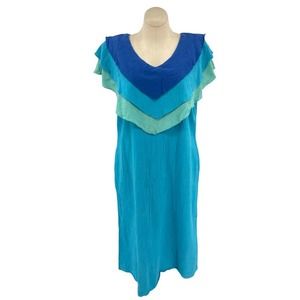 Vintage 80s Blue Tropicana Cotton Maxi Dress Sleeveless Tiered Flounce Size L